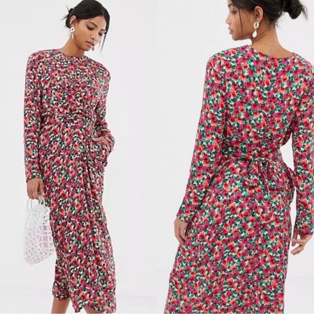 GHOSPELL Vintage Floral Twist Front Long Sleeve Maxi Dress Pockets Size Small